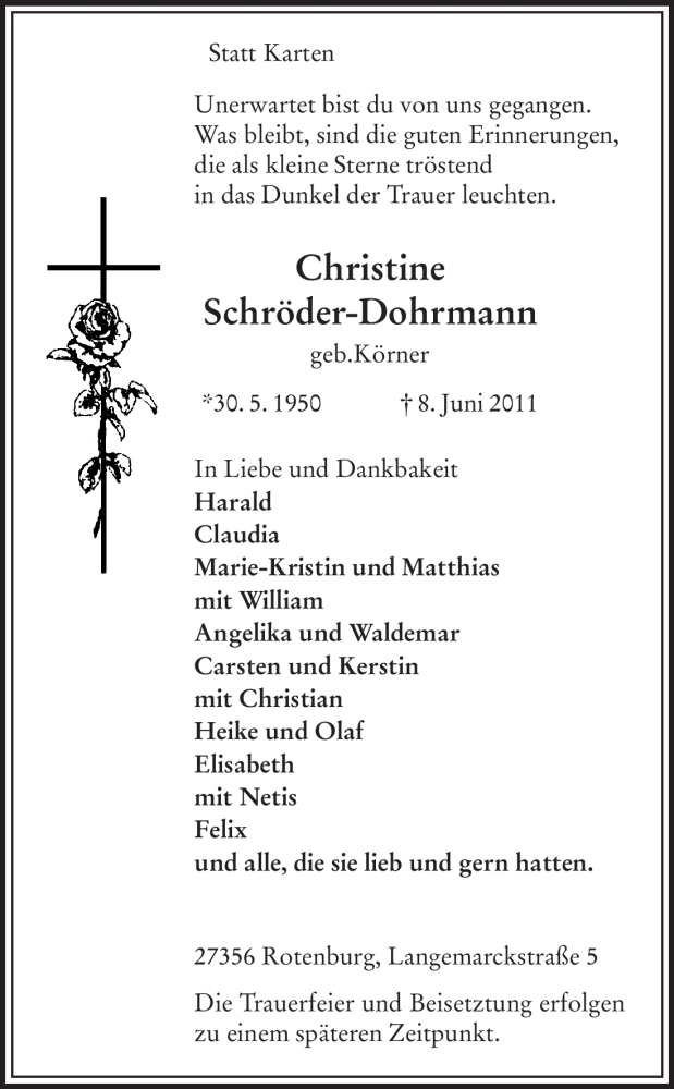  Traueranzeige für Christine Schröder-Dohrmann vom 18.06.2011 aus HNA