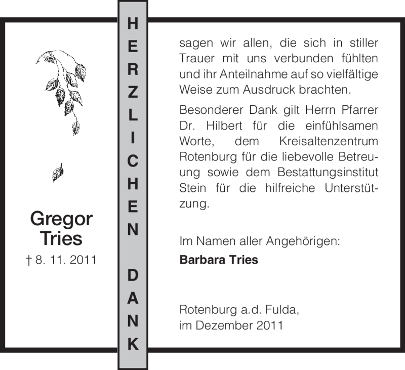  Traueranzeige für Gregor Tries vom 03.12.2011 aus HNA