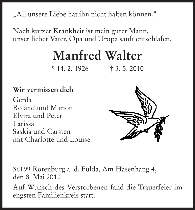  Traueranzeige für Manfred Walter vom 08.05.2010 aus HNA