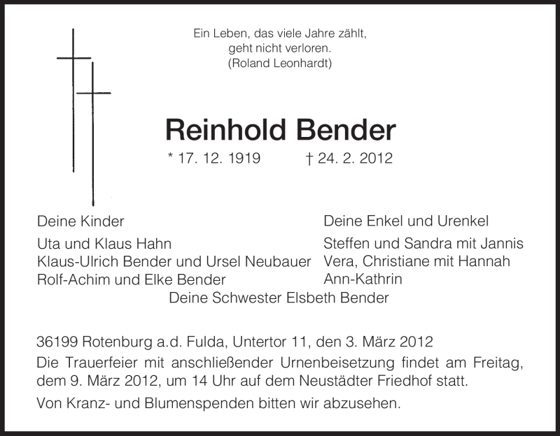  Traueranzeige für Reinhold Bender vom 03.03.2012 aus HNA
