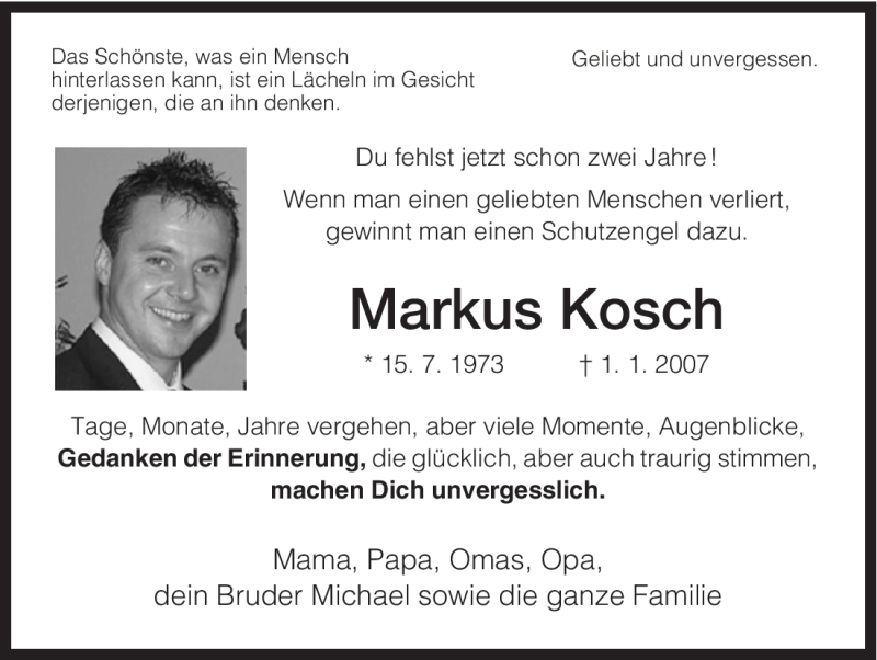  Traueranzeige für Markus Kosch vom 02.01.2009 aus HNA