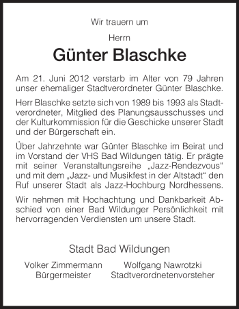 Traueranzeige von Günter Blaschke von HNA