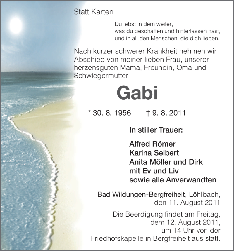  Traueranzeige für Gabi Unbekannt vom 11.08.2011 aus HNA