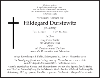 Traueranzeige von Hildegard Durstewitz von HNA