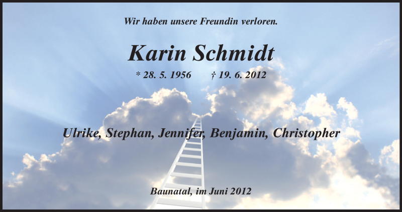  Traueranzeige für Karin Schmidt vom 21.06.2012 aus HNA