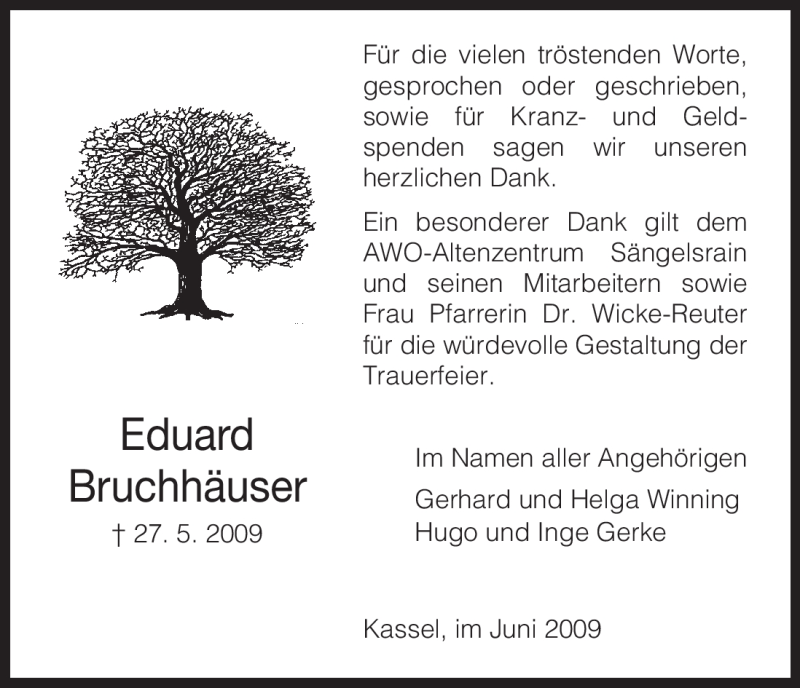  Traueranzeige für Eduard Bruchhäuser vom 20.06.2009 aus HNA