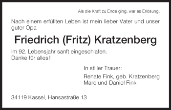 Traueranzeige von Friedrich Kratzenberg von HNA