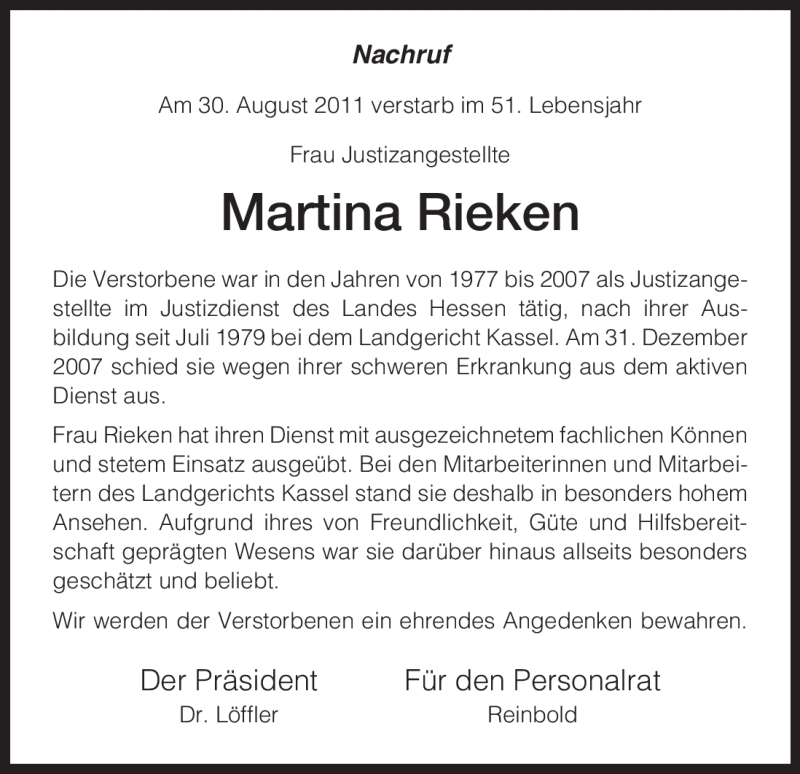  Traueranzeige für Martina Rieken vom 01.09.2011 aus HNA