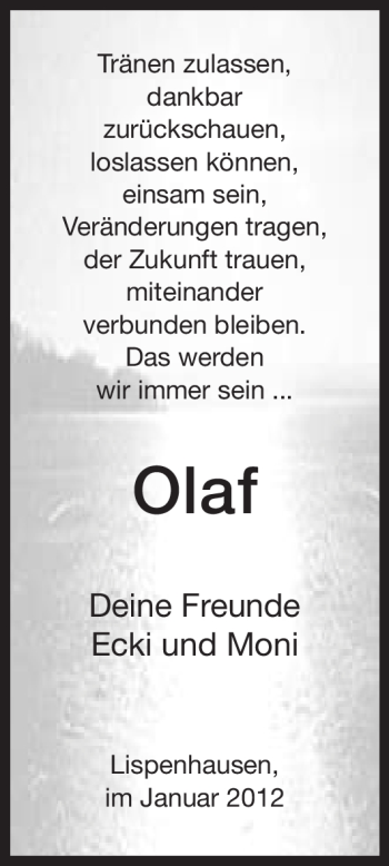 Traueranzeige von Olaf Unbekannt von HNA