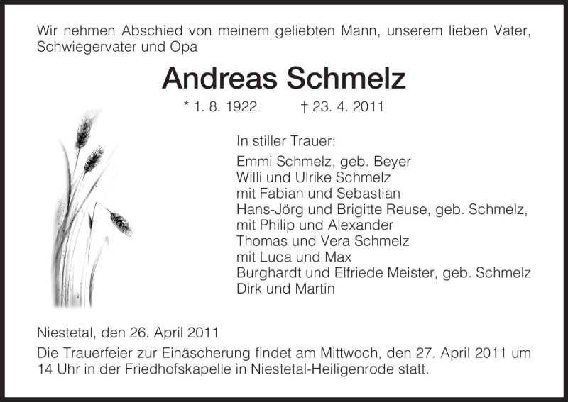  Traueranzeige für Andreas Schmelz vom 26.04.2011 aus HNA