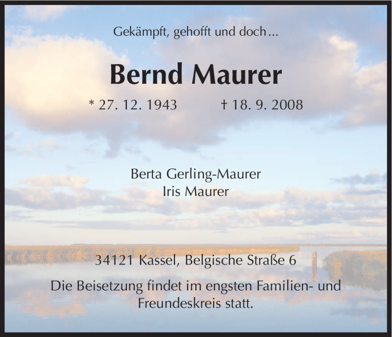  Traueranzeige für Bernd Maurer vom 20.09.2008 aus HNA