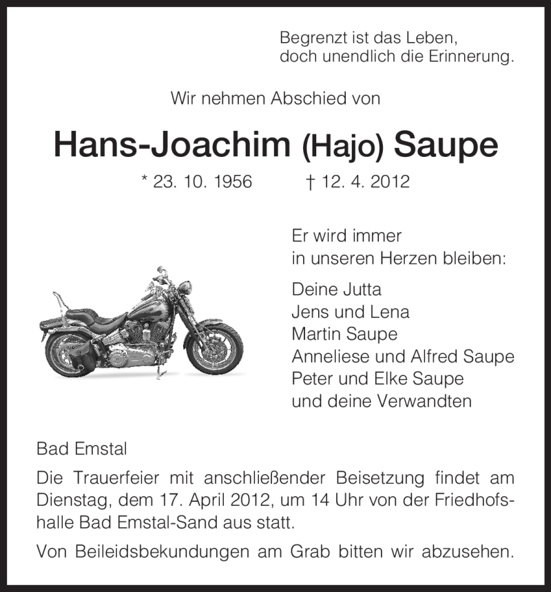  Traueranzeige für Hans-Joachim Saupe vom 14.04.2012 aus HNA