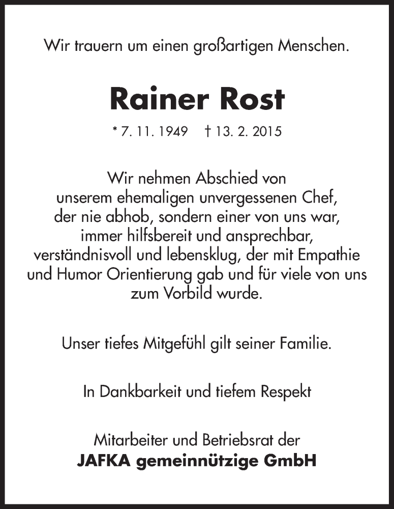  Traueranzeige für Rainer Rost vom 18.02.2015 aus HNA