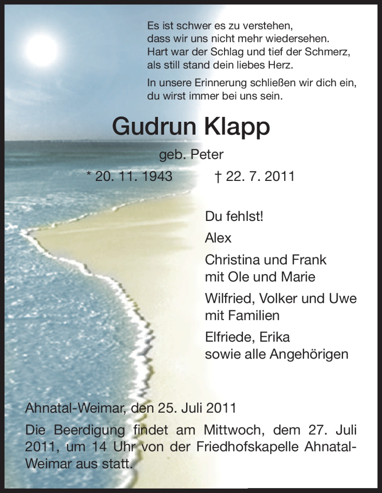 Traueranzeige für Gudrun Klapp vom 25.07.2011 aus HNA