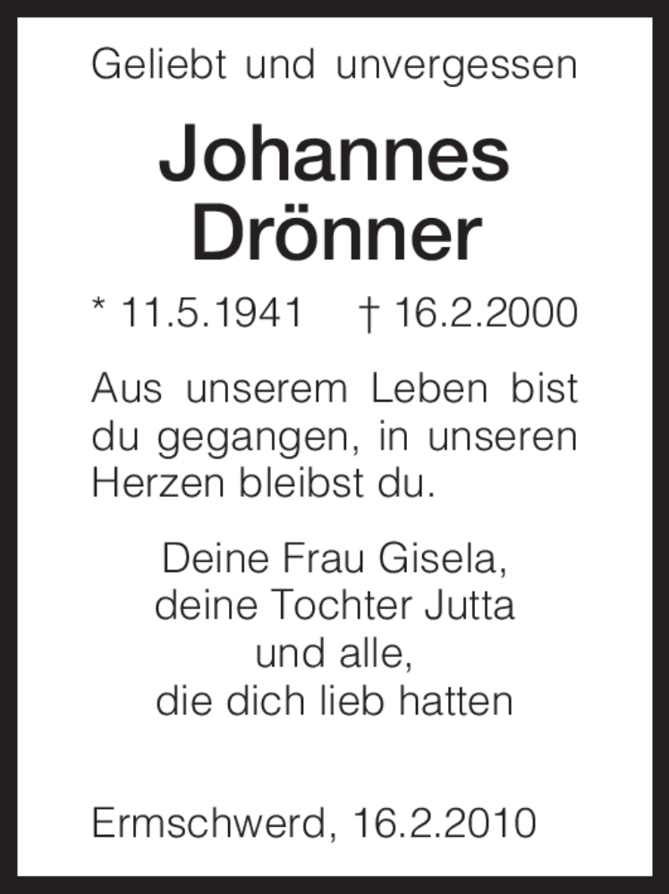  Traueranzeige für Johannes Drönner vom 16.02.2010 aus HNA