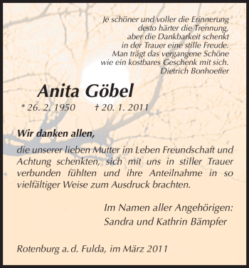 Traueranzeige von Anita Göbel von HNA