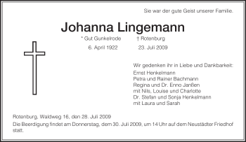 Traueranzeige von Johanna Lingemann von HNA
