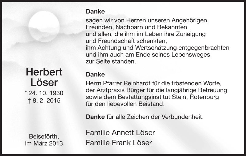  Traueranzeige für Herbert Löser vom 28.03.2015 aus HNA