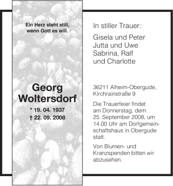 Traueranzeige von Georg Woltersdorf von HNA