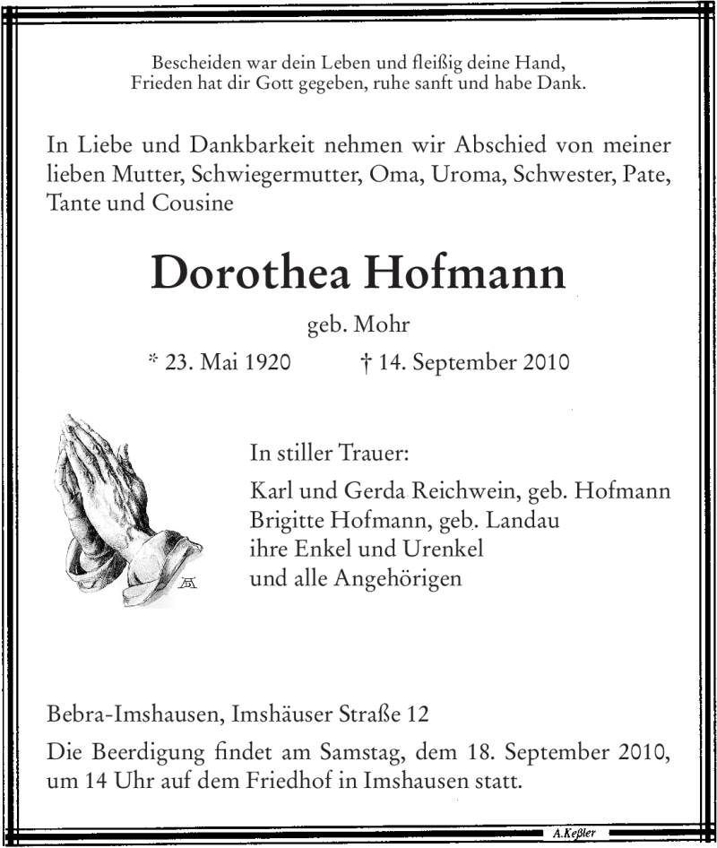 Traueranzeigen von Dorothea Hofmann | Trauer.HNA.de