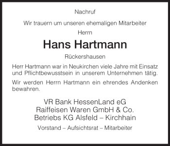 Traueranzeige von Hans Hartmann von HNA