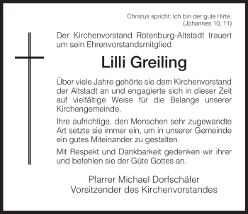 Traueranzeige von Lilli Greiling von HNA