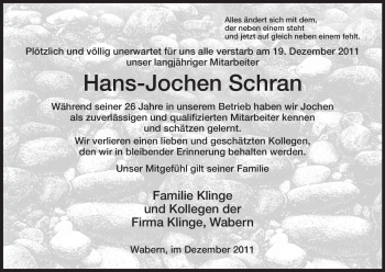 Traueranzeige von Hans-Jochen Schran von HNA