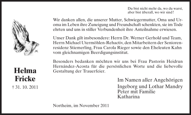  Traueranzeige für Helma Fricke vom 24.11.2011 aus HNA