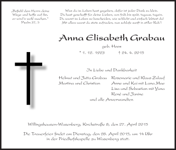 Traueranzeige von Anna Elisabeth Grabau von HNA