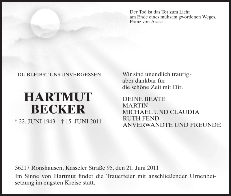  Traueranzeige für Hartmut Becker vom 21.06.2011 aus HNA