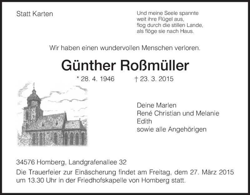  Traueranzeige für Günther Roßmüller vom 25.03.2015 aus HNA