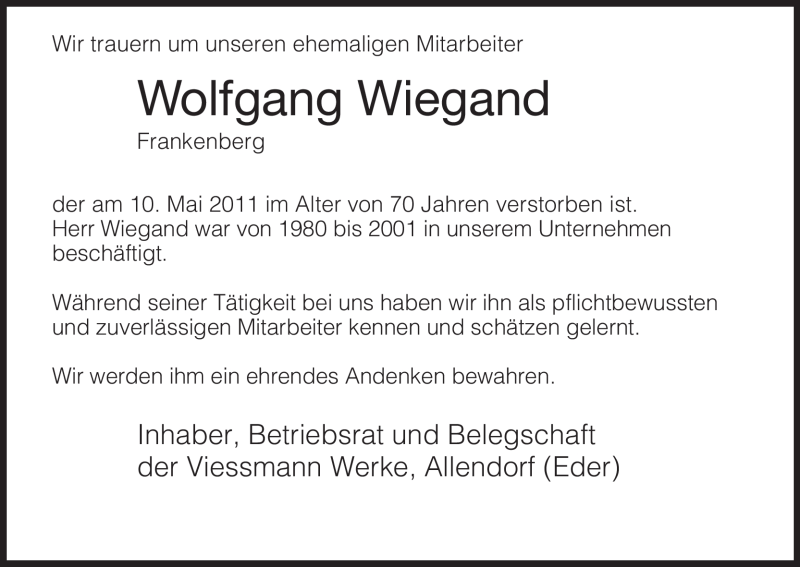  Traueranzeige für Wolfgang Wiegand vom 14.05.2011 aus HNA