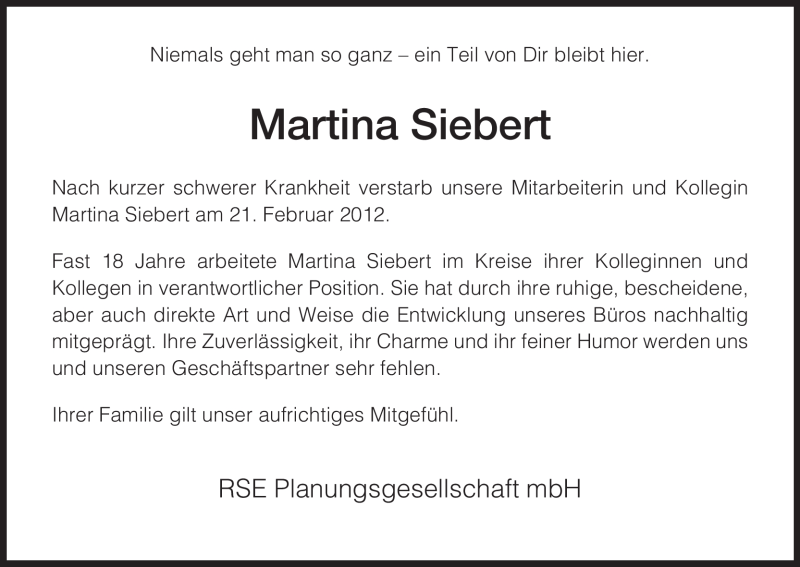  Traueranzeige für Martina Siebert vom 25.02.2012 aus HNA