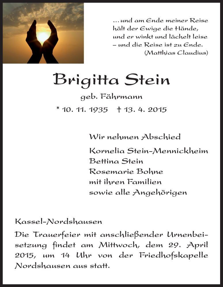  Traueranzeige für Brigitta Stein vom 25.04.2015 aus HNA