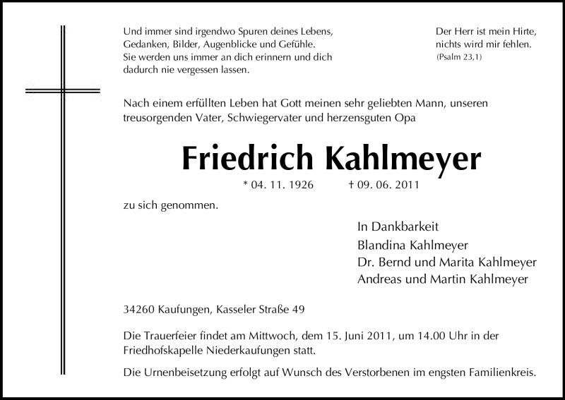  Traueranzeige für Friedrich Kahlmeyer vom 11.06.2011 aus HNA