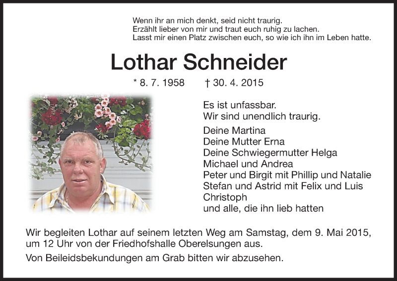  Traueranzeige für Lothar Schneider vom 07.05.2015 aus HNA