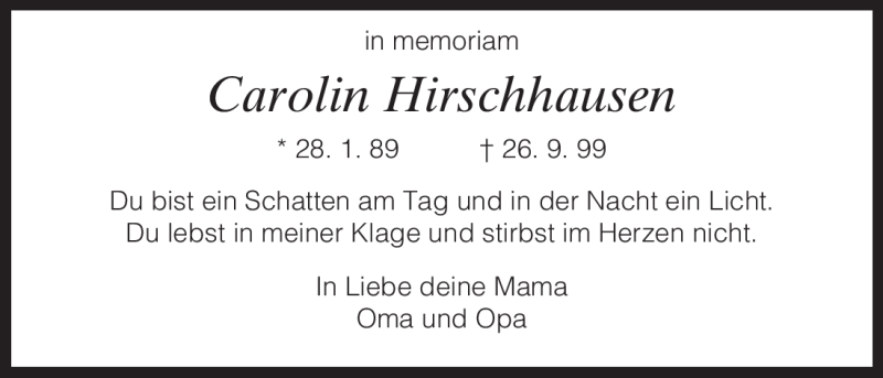  Traueranzeige für Carolin Hirschhausen vom 26.09.2011 aus HNA