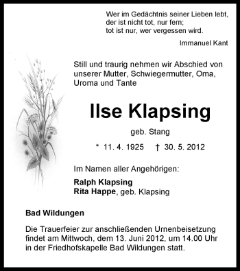 Traueranzeige von Ilse Klapsing von HNA