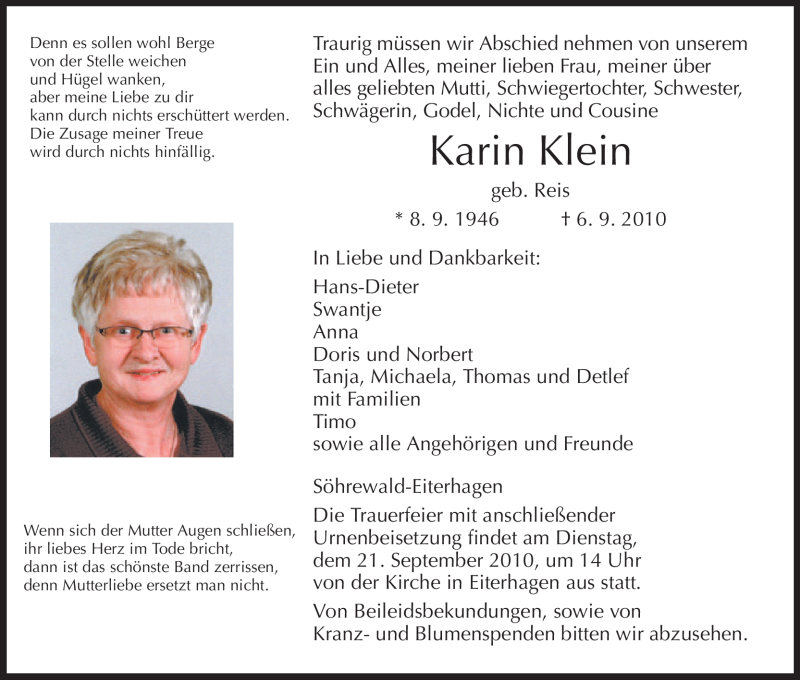  Traueranzeige für Karin Klein vom 16.09.2010 aus HNA
