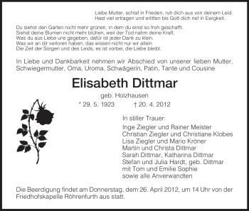 Traueranzeige von Elisabeth Dittmar von HNA
