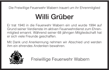 Traueranzeige von Willi Grüber von HNA