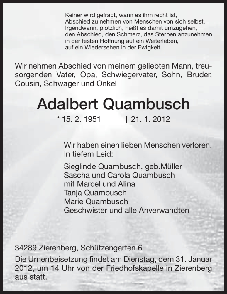  Traueranzeige für Adalbert Quambusch vom 28.01.2012 aus HNA