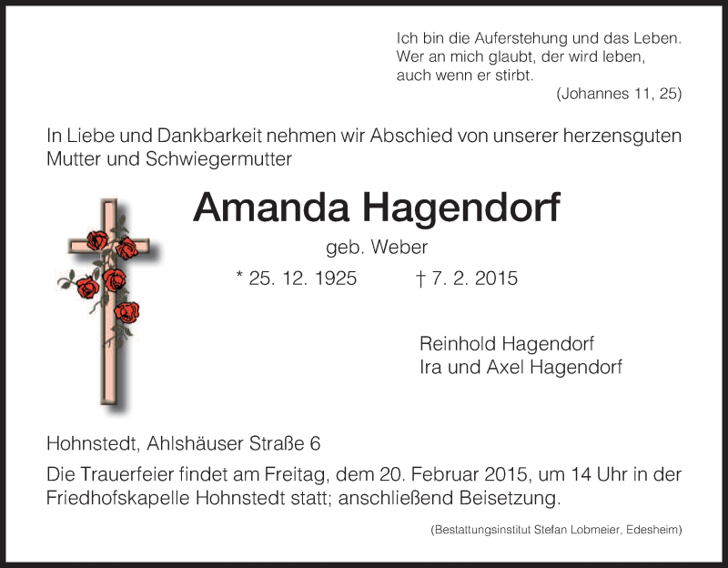  Traueranzeige für Amanda Hagendorf vom 10.02.2015 aus HNA