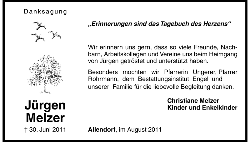  Traueranzeige für Jürgen Melzer vom 13.08.2011 aus HNA