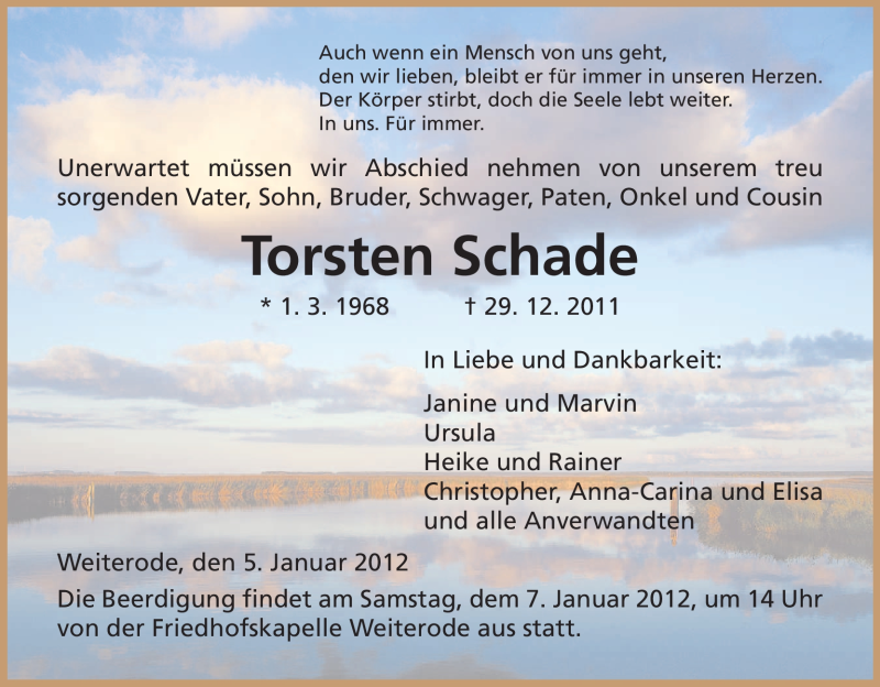  Traueranzeige für Torsten Schade vom 05.01.2012 aus HNA