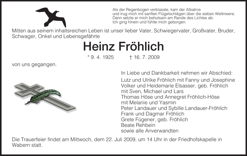  Traueranzeige für Heinz Fröhlich vom 18.07.2009 aus HNA