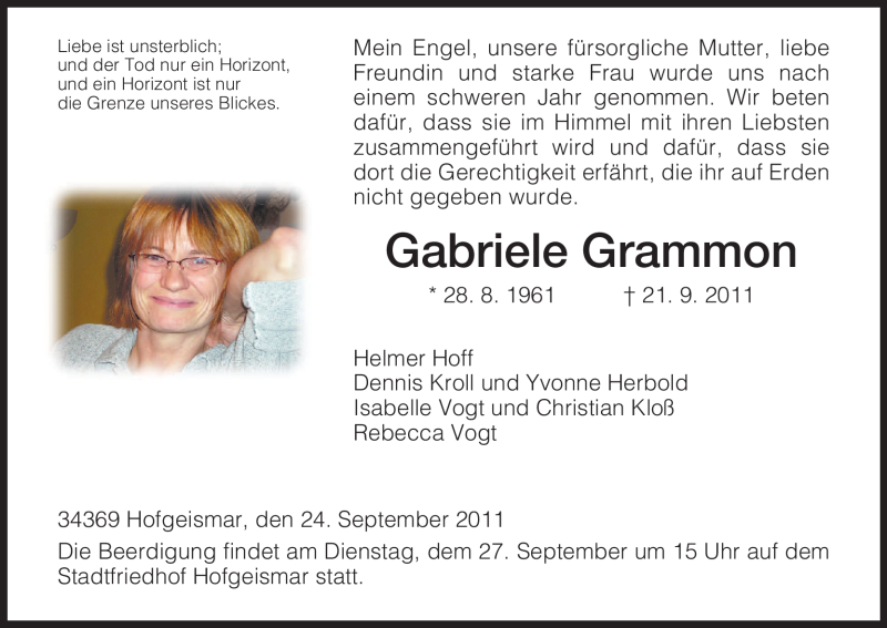  Traueranzeige für Gabriele Grammon vom 24.09.2011 aus HNA
