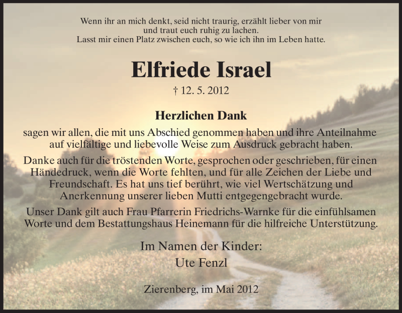  Traueranzeige für Elfriede Israel vom 26.05.2012 aus HNA