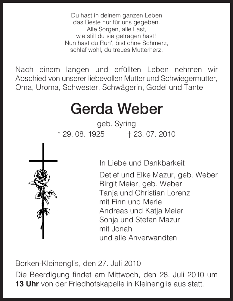  Traueranzeige für Gerda Weber vom 27.07.2010 aus HNA