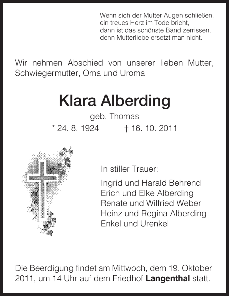  Traueranzeige für Klara Alberding vom 18.10.2011 aus HNA